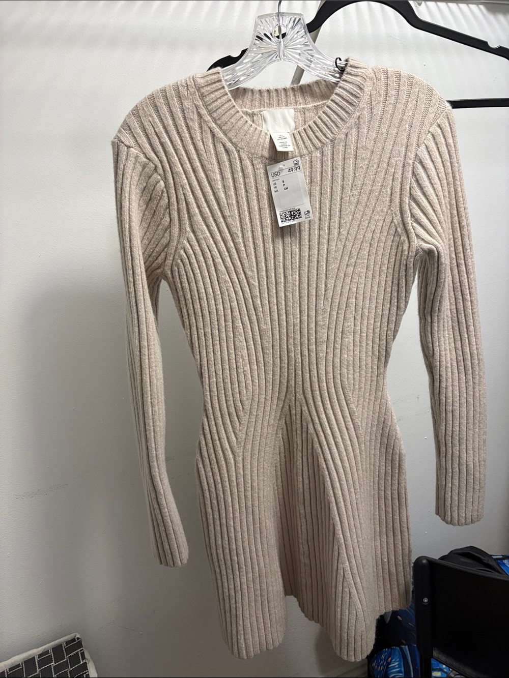 H&M Beige Ribbed Long-Sleeve Knit Dress